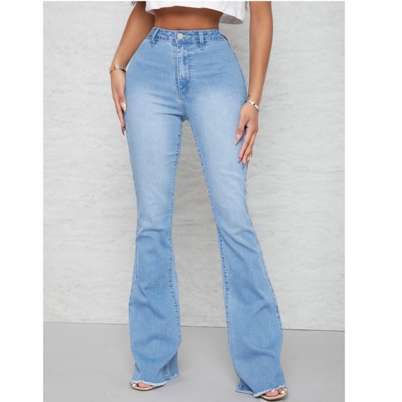 Flared Leg Blue Jeans High Waist for Curvy Hips Long Denim Bell Bottom - Picture 5 of 8